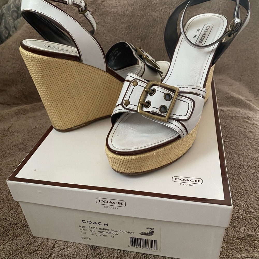 COACH Barrie Baby Calf/Pat White Mahogany Raffia Wedge Sandals 10